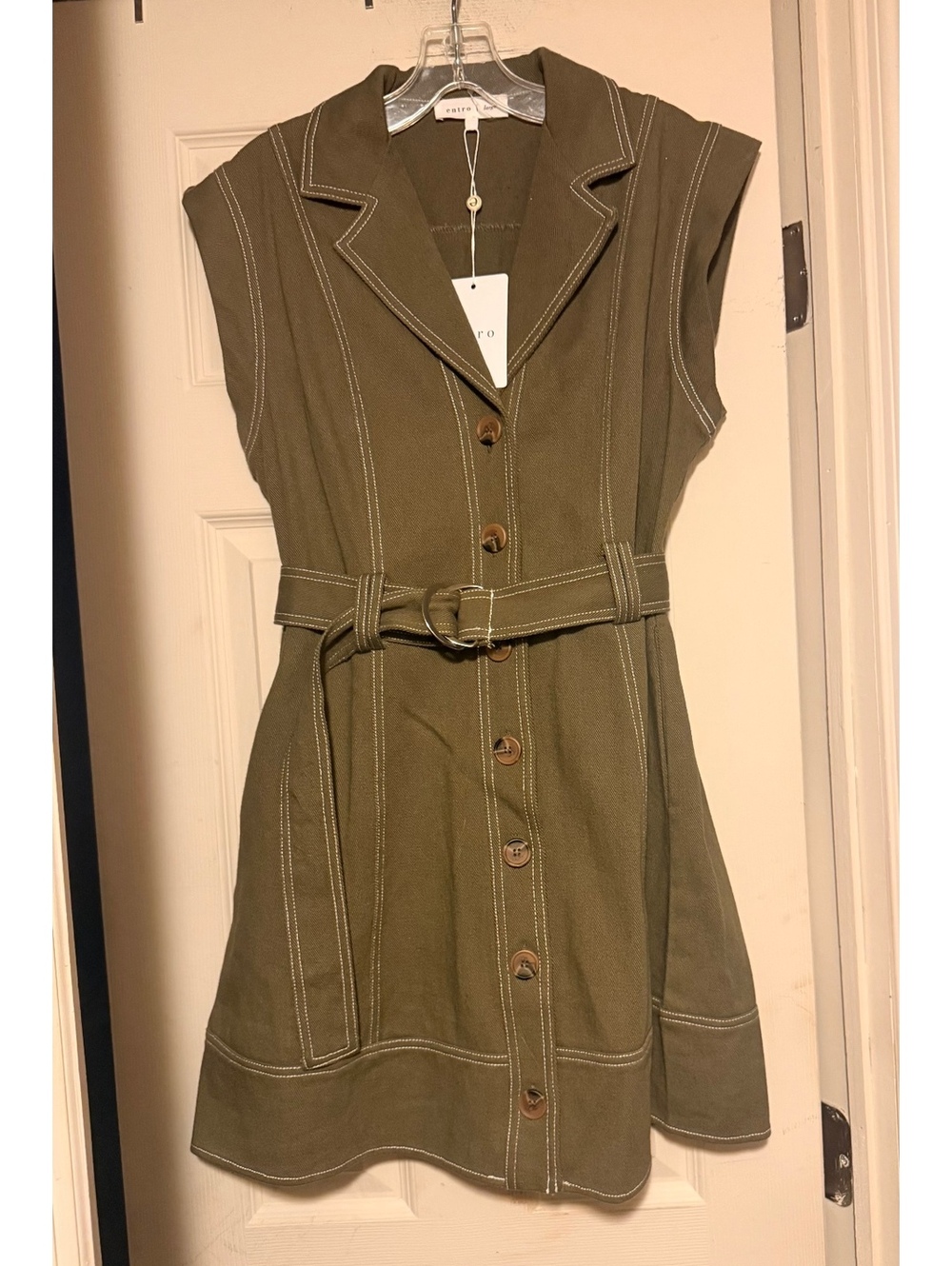 NWT Women’s Entro Contrast Stitch Mini Dress Green Large L Belted